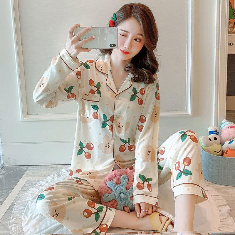 Spring And Autumn Pajamas Women'S Cardigan Long-Sleeved Trousers Korean Girls' Simple Cartoon Loungewear Suit Can Be Worn Outside