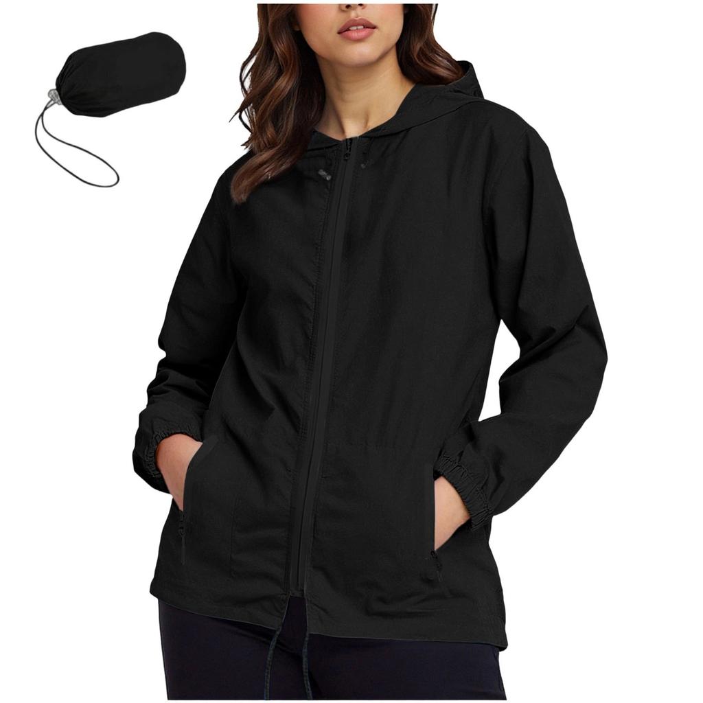 Women's Fashionable Casual Classic Plus Size Lightweight Zipped Long-Sleeved Hooded Jacket Foldable Outerwear With Packable Storage Pouch