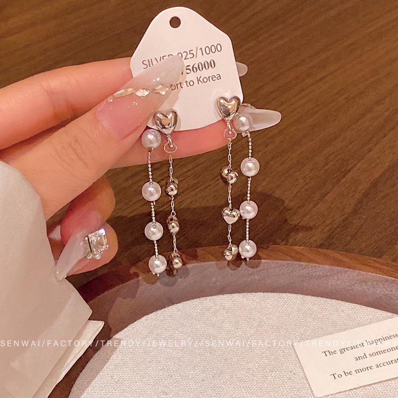 

Back hanging design pearl love fringed earrings female elegance temperament long earrings Korean ear jewelry