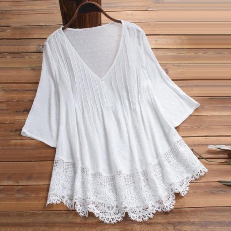 Floral Lace Hem Blouse Women Half Sleeve Hollow Out Stitching Buttons Decor