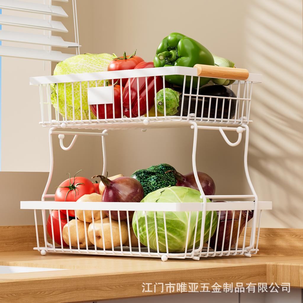 Nordic Vegetable and Fruit Basket Double-layer Wooden Hand Basket Removable Storage Basket Kitchen Countertop Hanging Banana Fruit Storage Rack