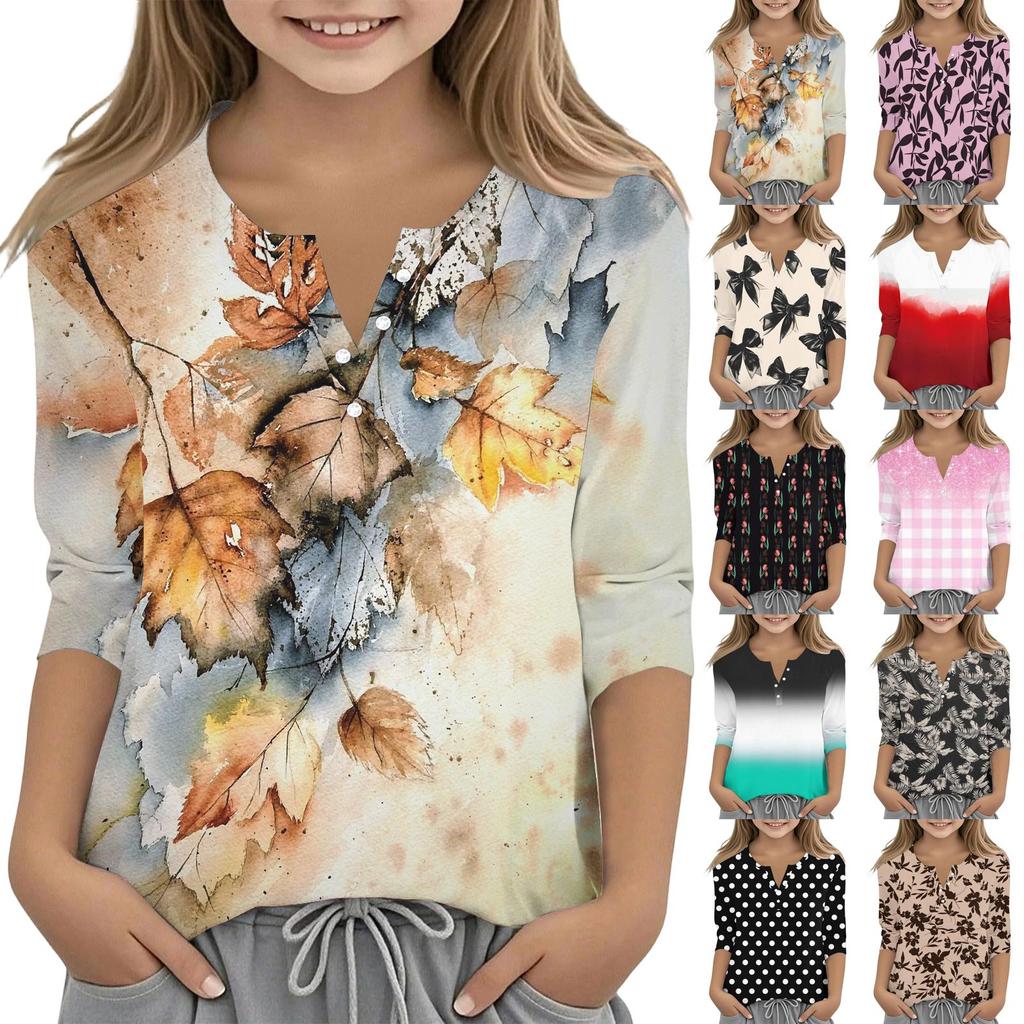 Print Tops For Youth Girls V Neck Button 3/4 Sleeves T-Shirts Trendy Tops Outfit Tees