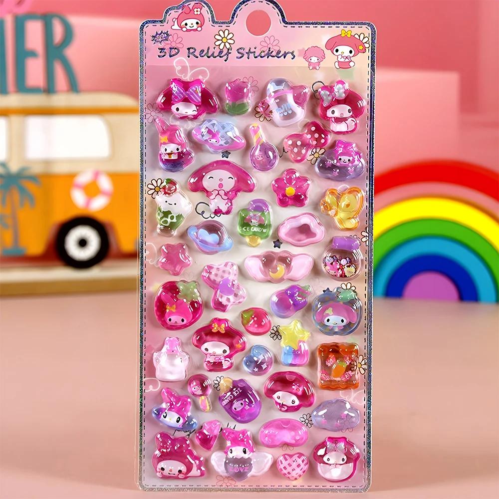 Cute Sanrio Kuromi My Melody 3D Relief Stickers Kawaii Girls Cartoon Crystal Sticker Handmade Diy Hand Account Decals Gifts