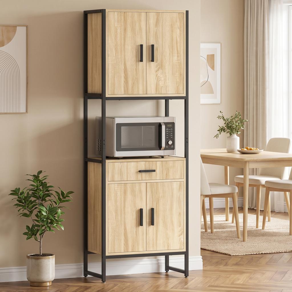 High Kitchen Buffet, 4 Soft-Close Doors, Drawer, Worktop, 60 x 30 x 170 cm, Natural Wood