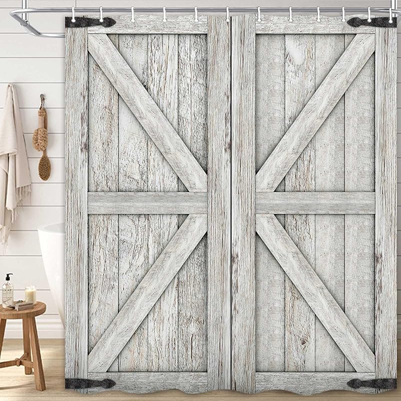 

Boziqr Rustic Barn Door Shower Curtain, Vintage Farmhouse Old Wooden Plank Decor Fabric Bathroom Curtains, Western Country Style Shower Curtains Set сірий