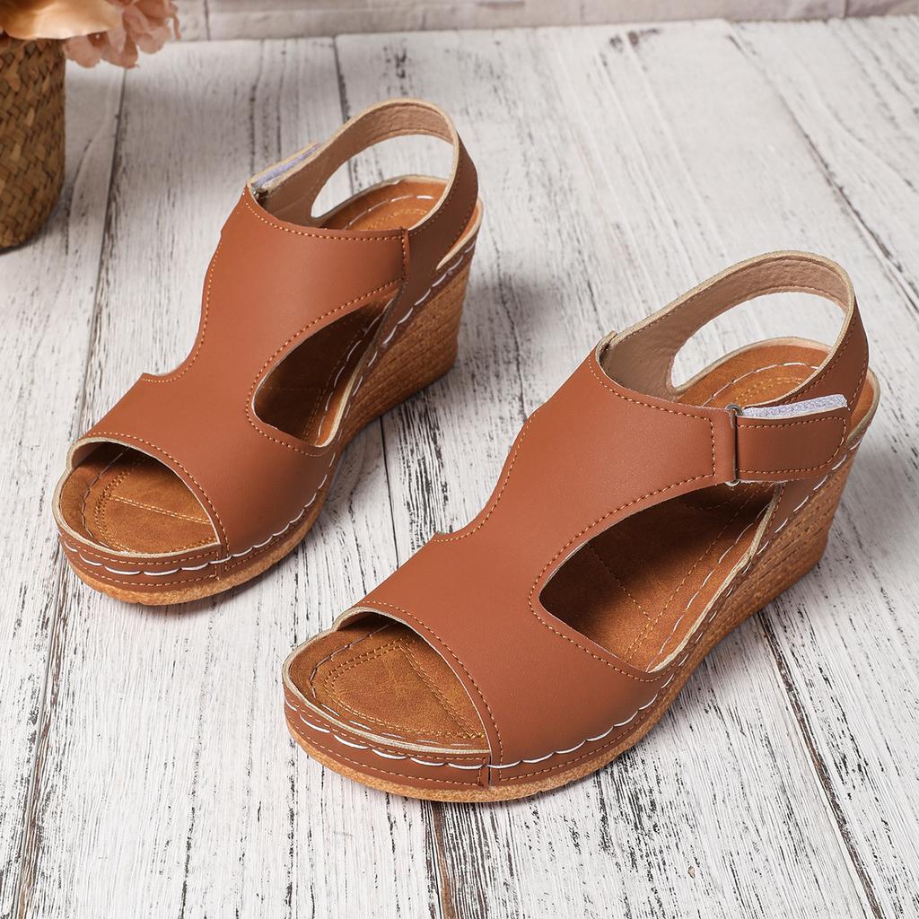 Summer Large-sized Sandals Women's Bikes Stitched Shoes Breathable Velcro Hollowed-out Wedge Heel Sandals