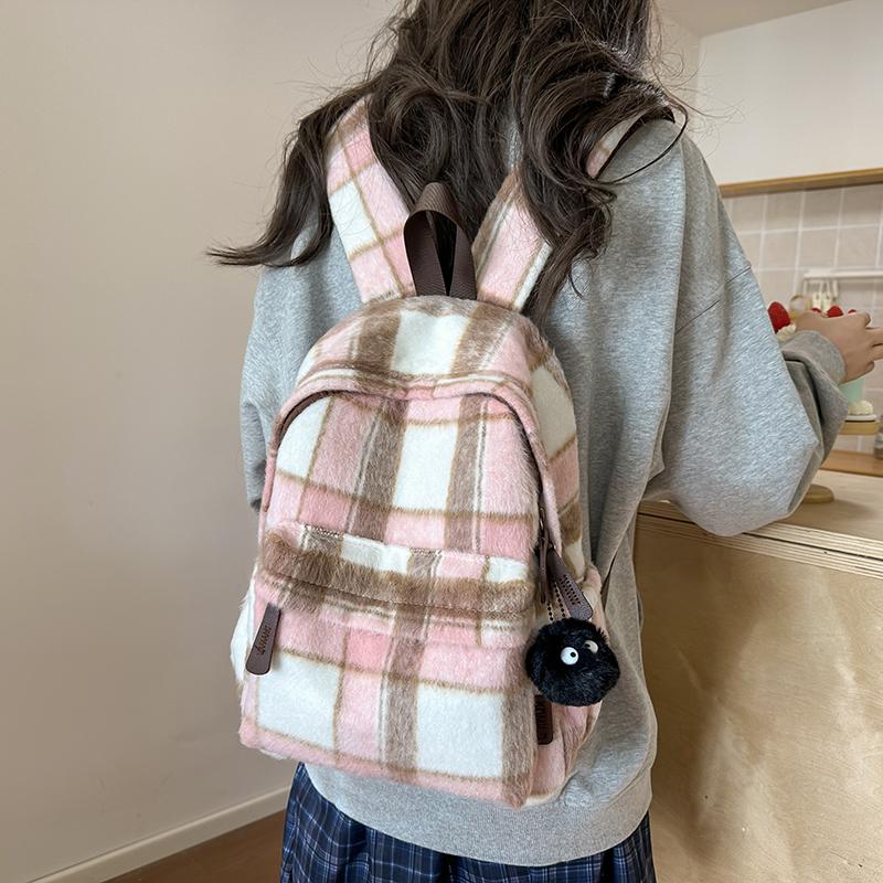 Vlněný kostkovaný studentský školní batoh s velkou kapacitou dámský batoh