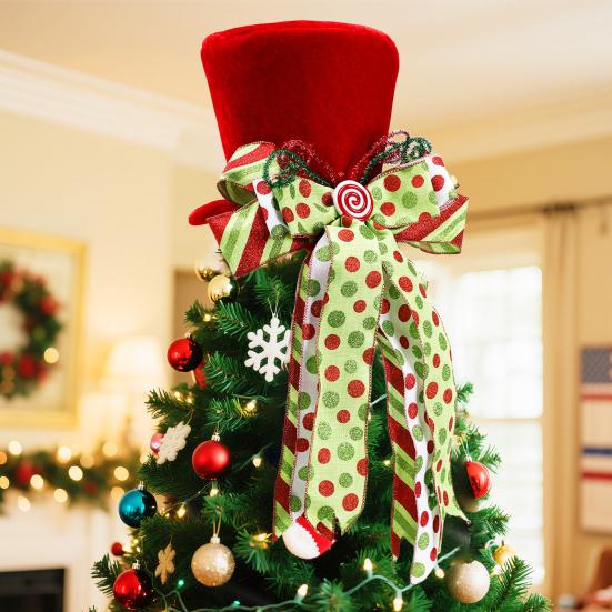 Christmas Tree Topper Hat Large Red Velvet Top Hat with Bow Christmas Treetop Ornament for Home Office Holiday Xmas Tree Decoration