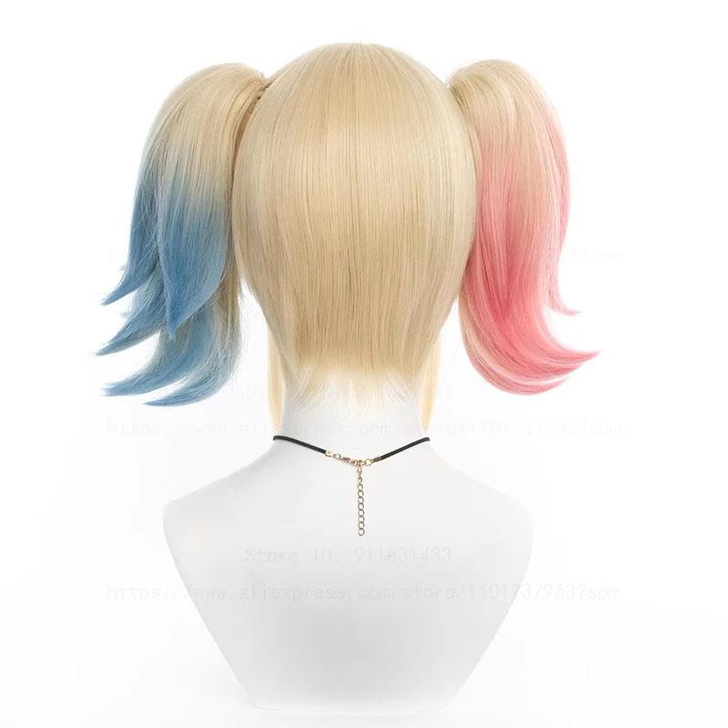 Harley Cosplay Wig Super Villain Doujin Halloween Pink Dyeing Gradient Ponytails Heat Resistant Synthetic Hair Wigs + Wig Cap