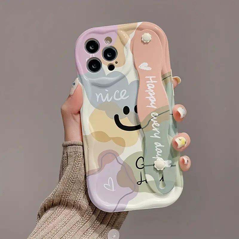 Color Block Smile Pattern Phone Case, Minimalist Cream Shell with Wrist Support, Compatible with iPhone 11 To 16 Pro Max Series.
