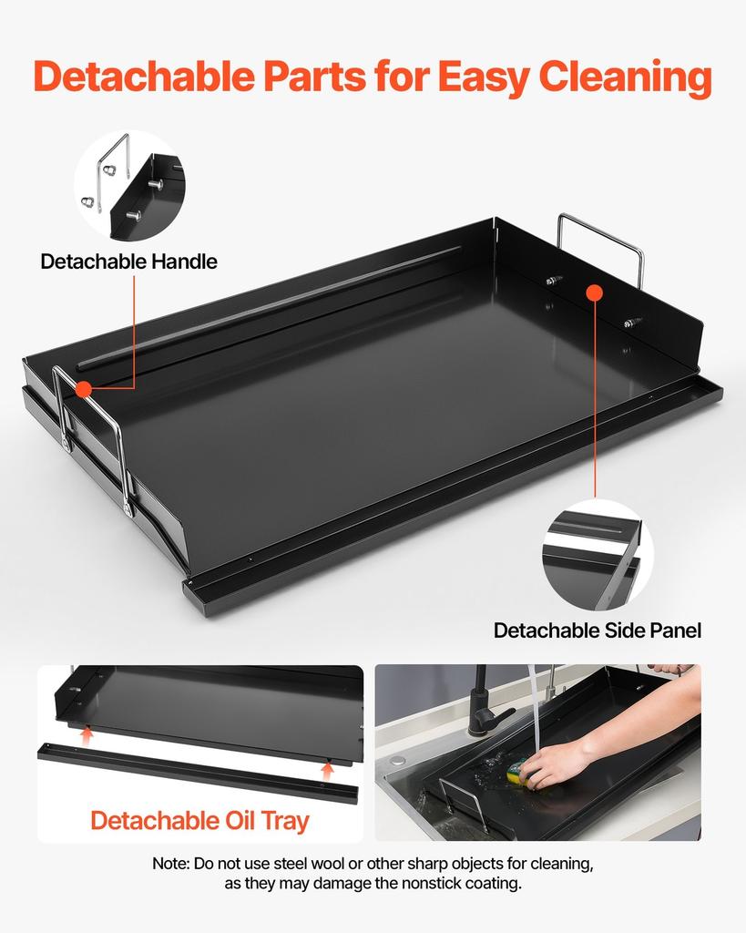 Carbon Steel Griddle 63x41 cm Flat Top Pre-Seasoned Plate Handle, for BBQ Eggs Burger, Even Heat Distribution, Non-Stick Portable Rectangular Family