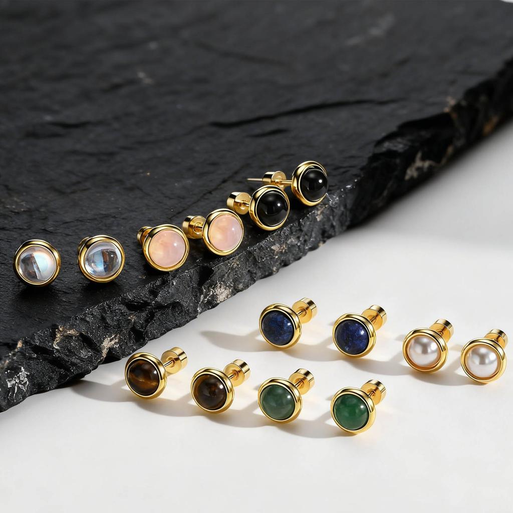 Minimalist Natural Stone Stud Earrings for Men Women,Gold Plated Stainless Steel Round Stud Earrings,Anti Allergy Earrings Gift