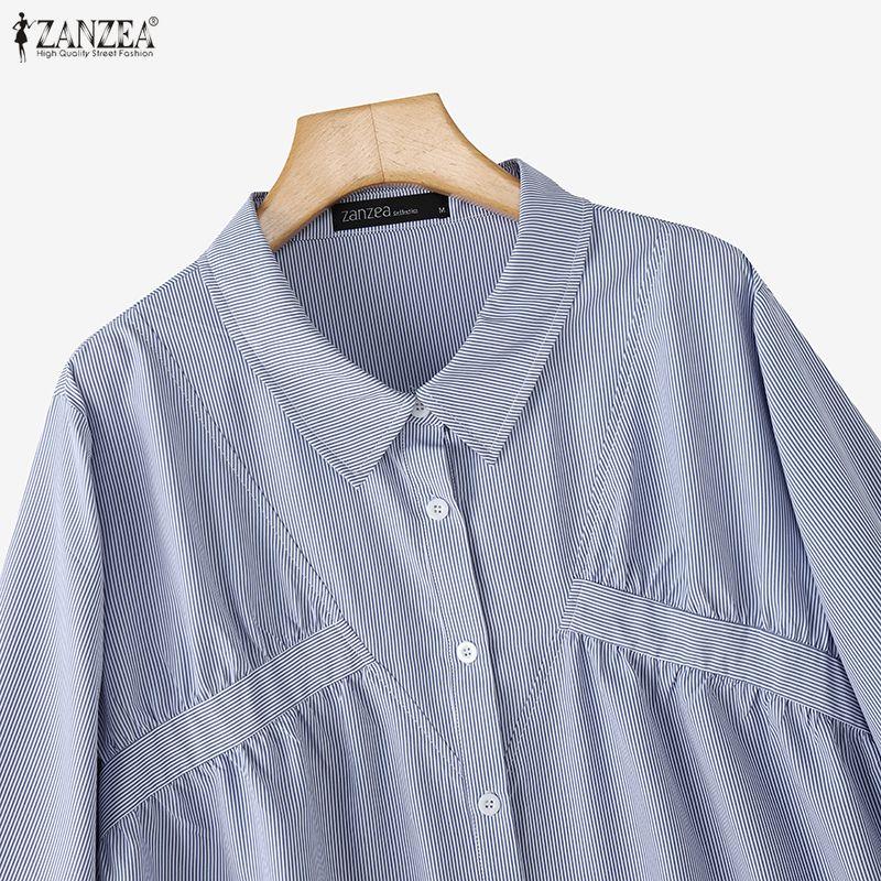 ZANZEA Women Casual Turn Down Collar 3/4 Sleeve Loose Stripe Blouse