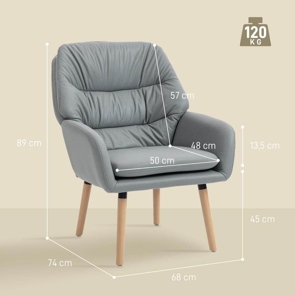 Living Room Armchair, Double Padded, Faux Leather, Wooden Legs, 68 X 74 X 89 Cm, Grey
