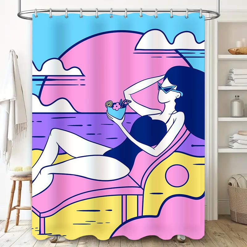 Blue Watermark Shower Curtain with Girl Summer Pattern for Bathroom Decor 72x78in (183X200cm) Modern Print Waterproof Customizab