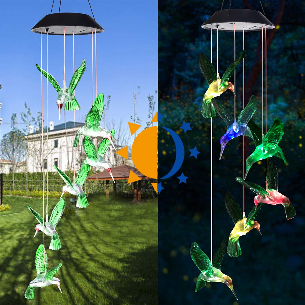 1PC Colorful Gradient Garden LED Wind Chimes Decorated Solar Hummingbird Landscape Garden Lights Decorated Atmosphere