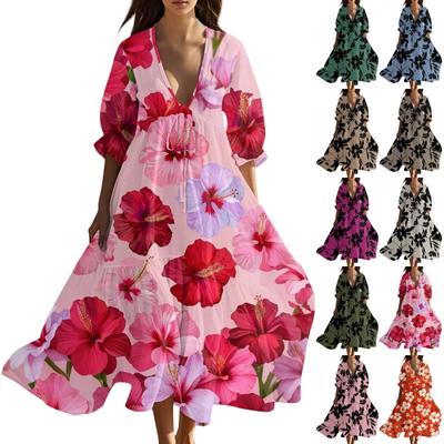 Damen Sommer Mode V-Ausschnitt Retro Blumenmuster Kurzarm Strandkleid Mit Spitze Patchwork Kleid