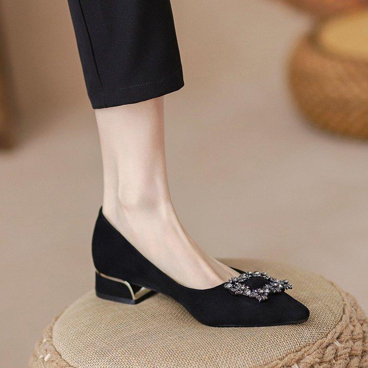 shallow mouth pointed work shoes soft sole black high heels spring 2025 new rhinestone thick heel single shoes women's middle heel