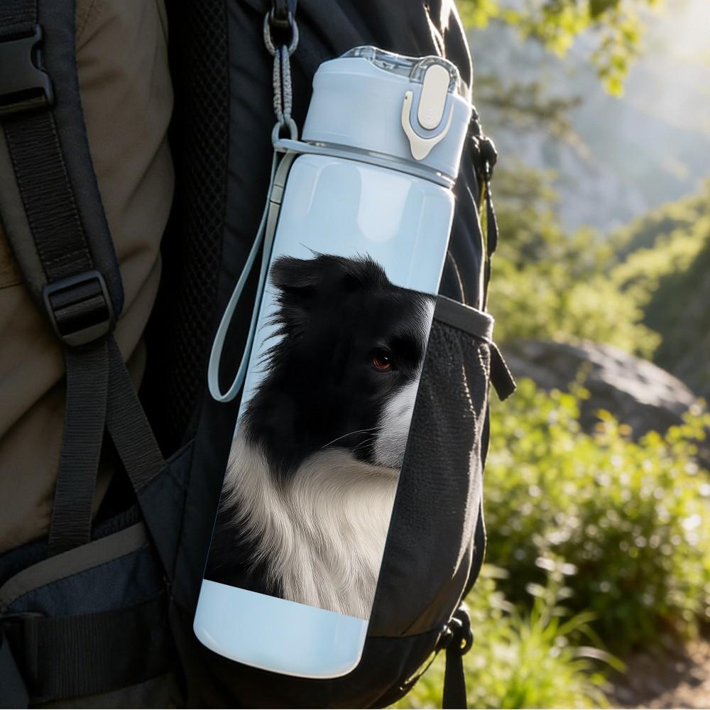 1PC Black White Border Collie Dog 750ml Color Plastic Sports Water Bottle Leakproof Flip Straw Lid Suitable for Sports Office Home Use