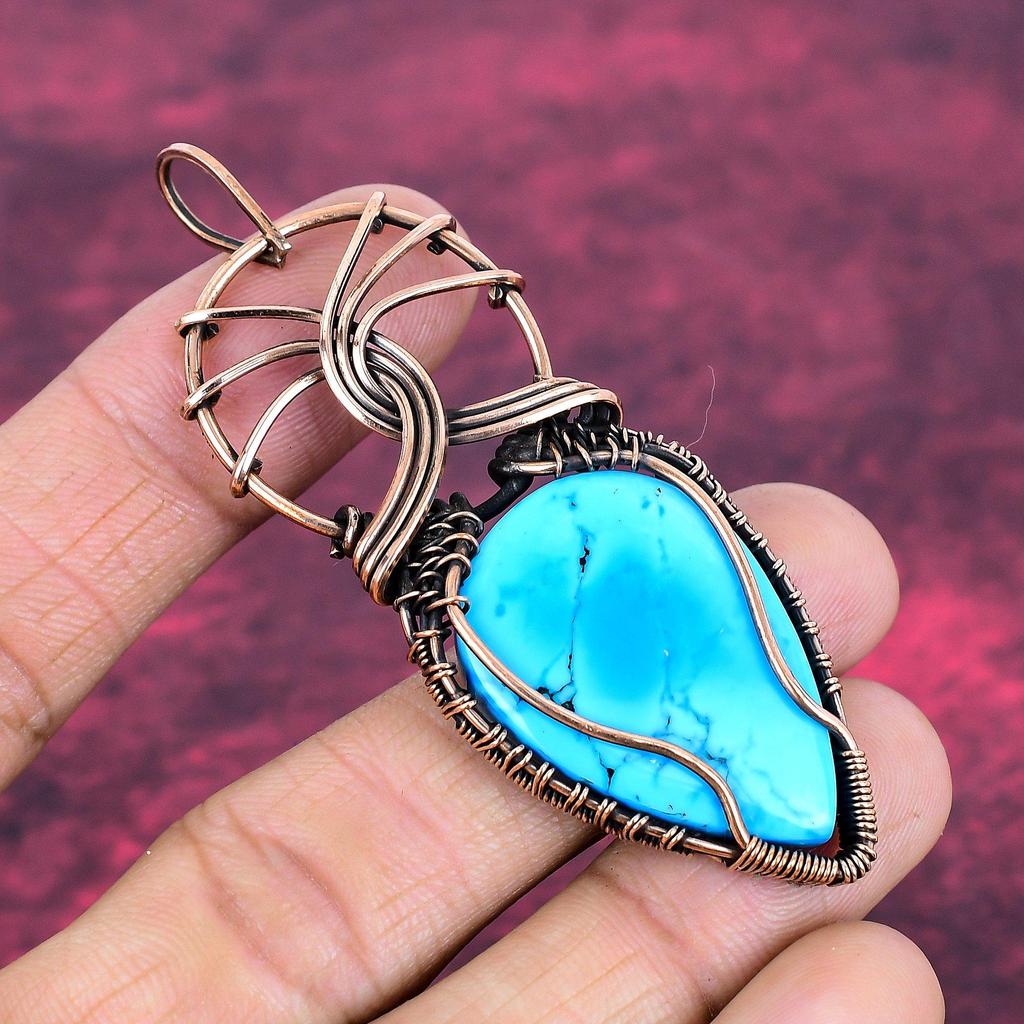 Tibetan Turquoise Pendant Copper Wire Wrapped Handmade Pendant Gemstone Jewelry