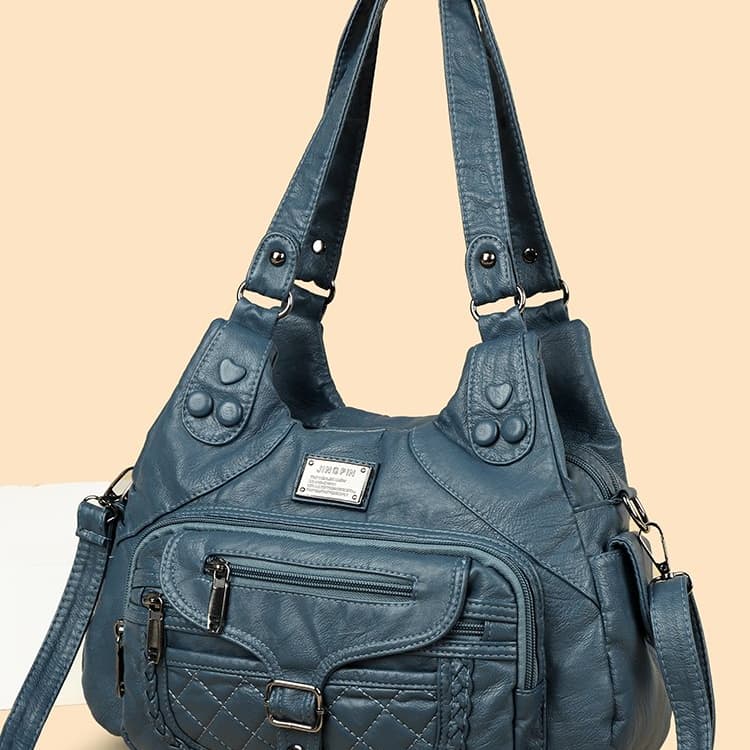 

Soft leather large-capacity shoulder bag casual tote bag синій