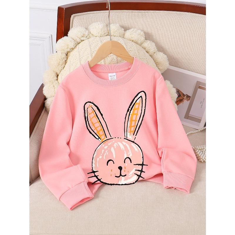 Kids Crewneck Sweatshirt, Pink Bunny Face with Orange Ears Graphic Print,Spring Autumn Casual Sport Tops