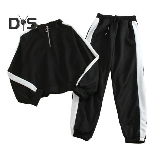 2 stk/sett Sweatshirt Bukser Sett Stativ Krage Glidelås Løs Myk Elastisk midje Ankelbånd Brede benlommer Fargematchende kvinner Høst Vår Joggedress