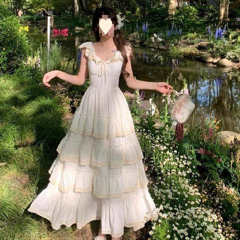 Summer women's milk sweet atmosphere ruffle V-neck puffy cake dress