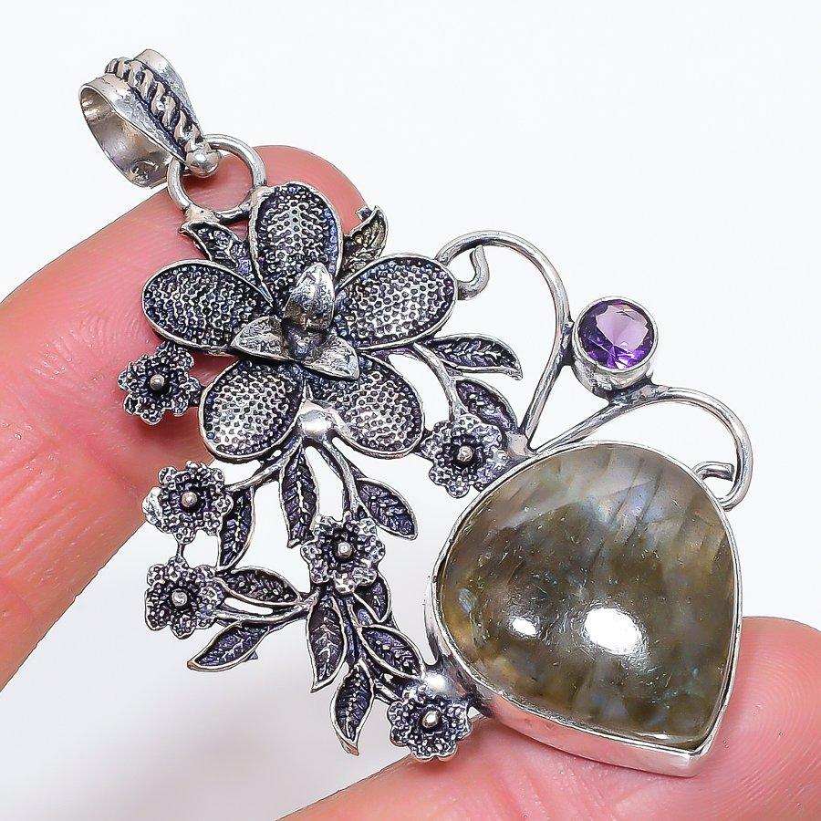 

Natural Labradorite, Amethyst 925 Sterling Silver Jewelry Pendant 2.76 t9c59
