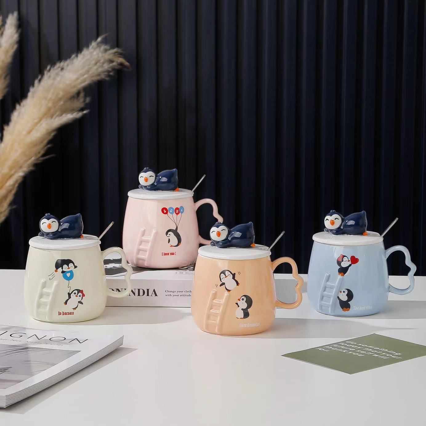 Ceramic Cup with Lid Creative Cartoon Three Dimensional Relief Penguin Mug  Office Home  Student Gift and Souvenir