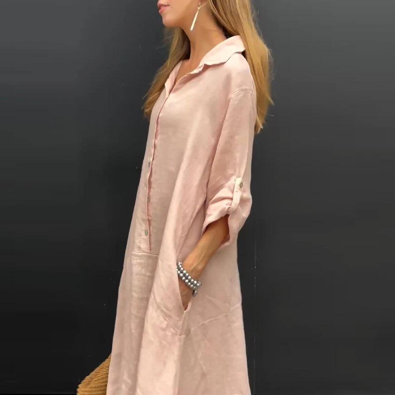 2024 Women's Summer Casual Long Dress - Cotton Linen Blend, Plus Size, Pocket Shirt Collar