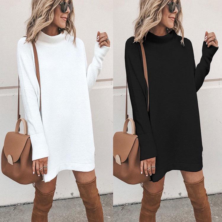 Autumn Winter Casual High Neck Knit Dress - Loose, Slimming, Mid-Length Wool Dress Extra Large чёрный