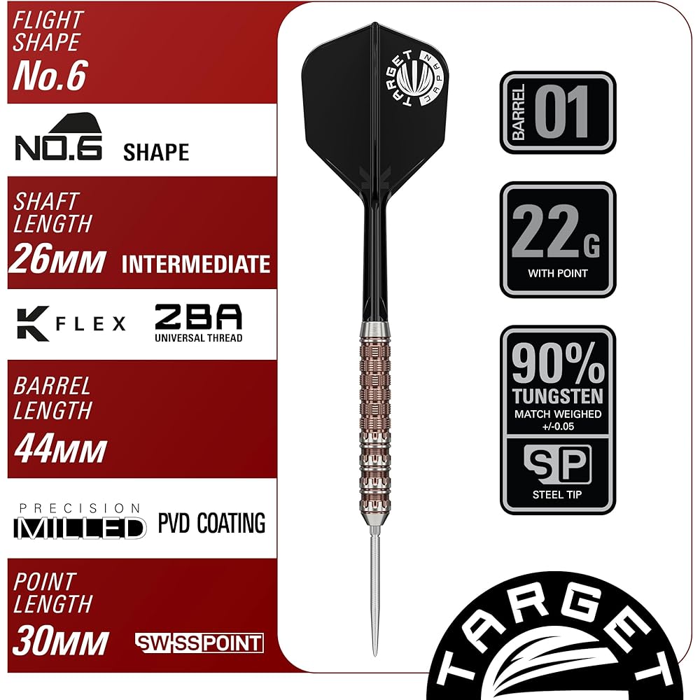 Target Japan PRIME SERIES RAPTOR GEN6 Joji Nishitani 90% Tungsten Steel-Tip Darts Set, 22g, K-Flex No. 6 Shape Flights and Shafts, SWISS SILVER NANO P