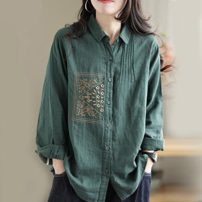 Spring And Autumn Literature And Art Retro Cotton And Hemp Embroidery Folded Lapel Top Loose And Casual Solid Color   Cardigan Shirt