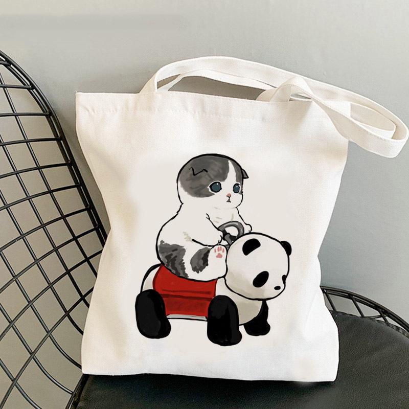 Whimsical Cat On Bicycle Canvas Shoulder Tote - Cute Print for Students and Shopping