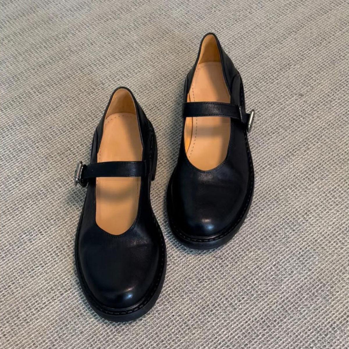 

Sheepskin version retro round head leather loafers small leather shoes British style platform single shoes with Mary Jane shoes women 40
