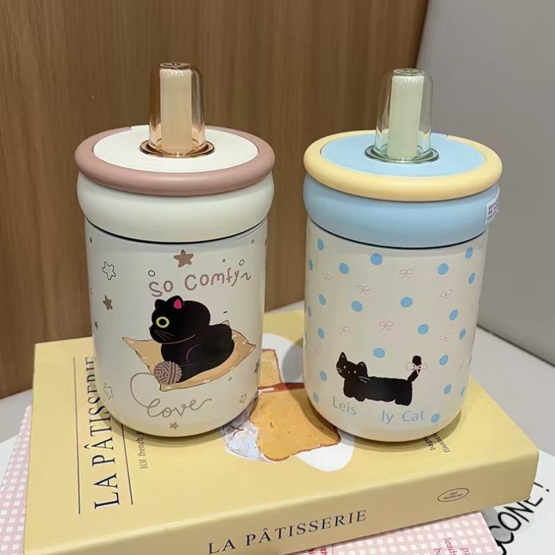 Stainless Steel Insulated Water Bottle for Women, High Aesthetic Straw Cup, Portable Student Drinking Mug, Casual Style