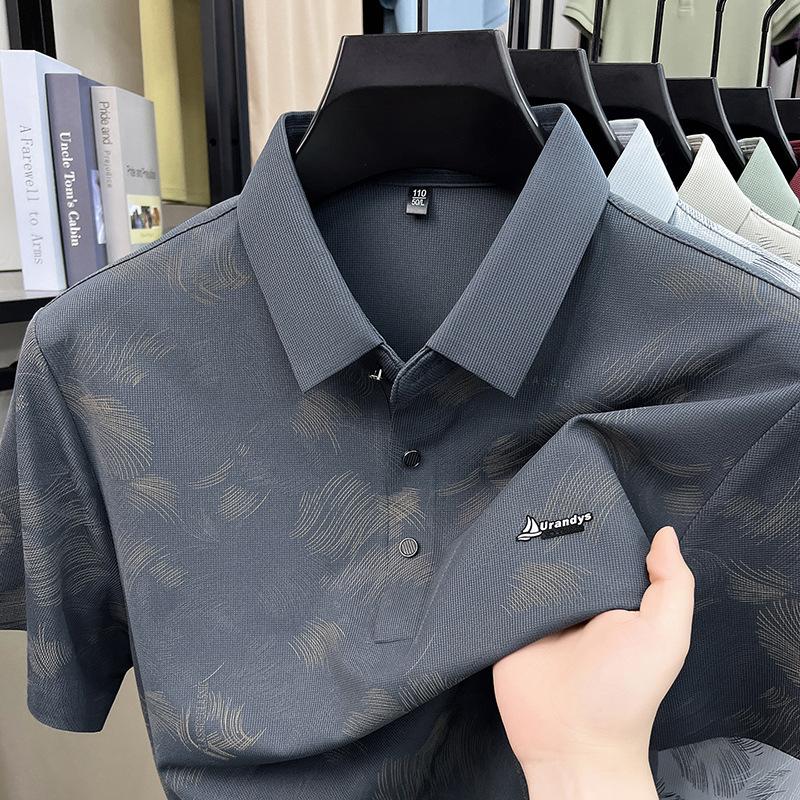 Men s Short Sleeve Polo Shirt Lapel Collar Casual Summer T-Shirt Printed Wrinkle-Resistant Lapel Collar M