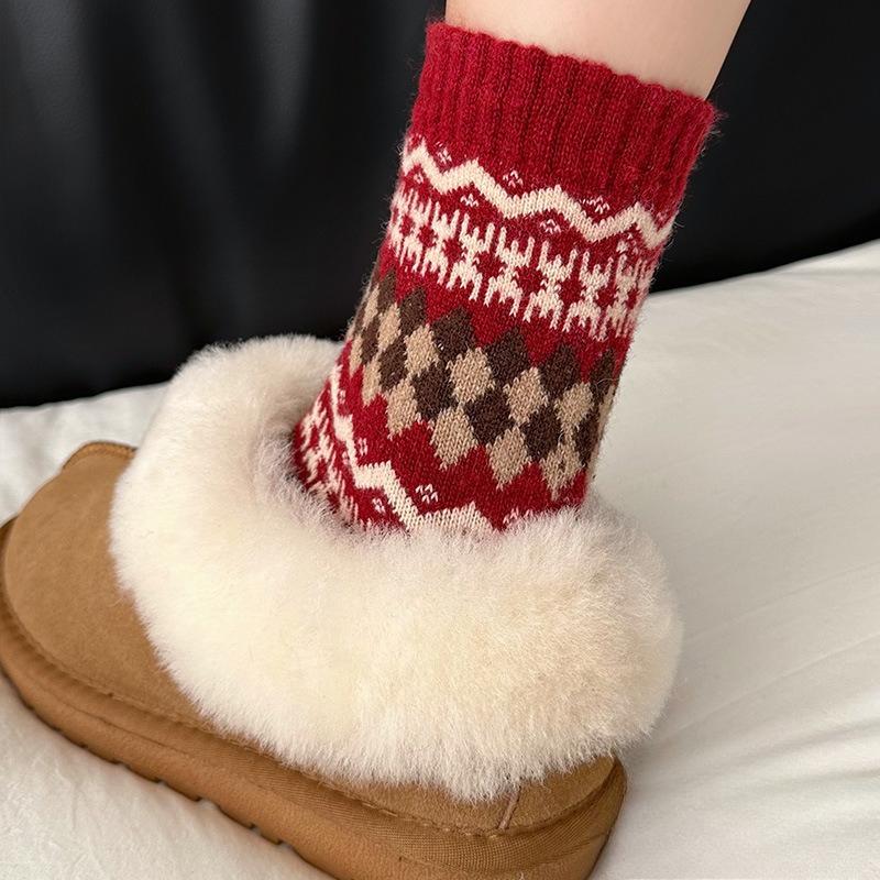 Rote Socken - Herbst/Winter Dicke und Warme Wollsocken mit Retro Fair Isle Doppelstrick Elastische Mittelhohe Socken