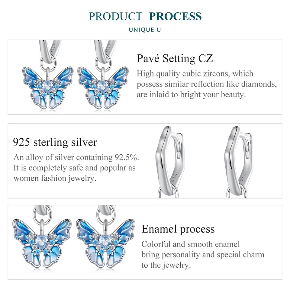 BAMOER 925 Sterling Silver Blue Butterfly Ear Buckles Heart Shape Hoop Earrings for Women Cubic Zirconia Fine Jewelry