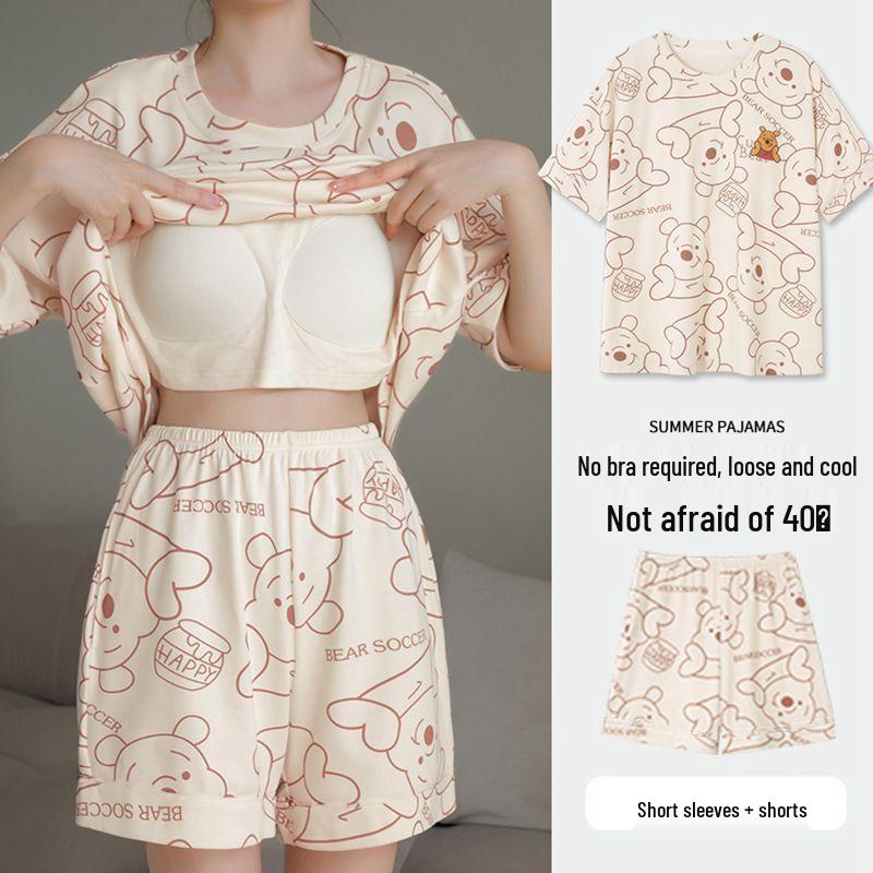 Korean Style Women's Cartoon Pajamas Set with Built-in Bra - Short-Sleeved, Loose, Plus Size, Summer Homewear