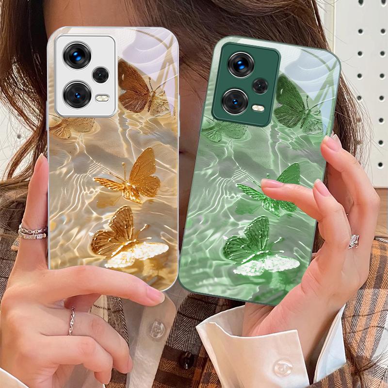 Lucky Butterfly White For Xiaomi 14 Ultra 13 Lite Redmi Note 13 11 Pro 12 Plus Poco X6 3 Pro F4 6 GT Tempered Glass Phone Case