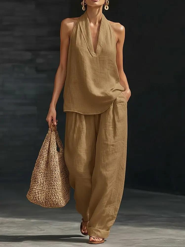 2026 Euro-American Fashion Solid Sleeveless Top & Pants Set