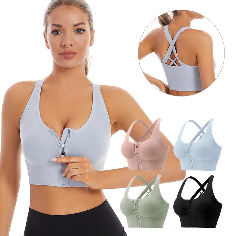 Shockproof Front Zipper Sports Bra for Women Gathered Anti-Sagging Fitness Plus Size Bra for Seamless Back