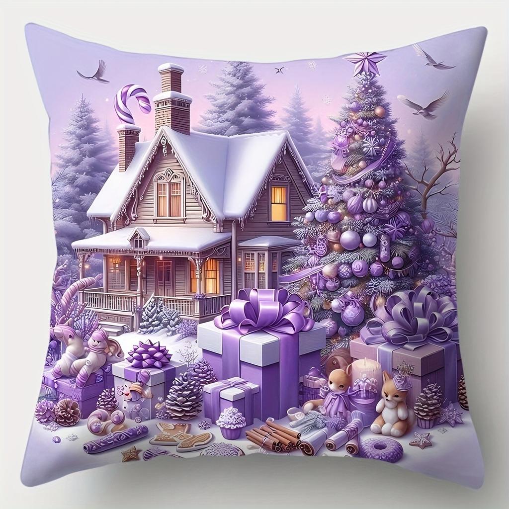Christmas Purple-Themed Pillowcases: Snowmen, Trees & Cozy Cottages for Festive Decor! Sofas, Bedroom Pillow Covers