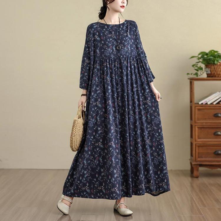 Spring Floral Print Vintage Maxi Dress Long Sleeve Loose Oversize Casual Basic Long Dress for Women Plus Size