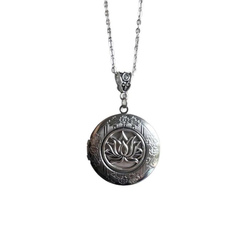 Retro Silver Lotus Flower Jewelry Box Necklace with Stainless Steel Chain