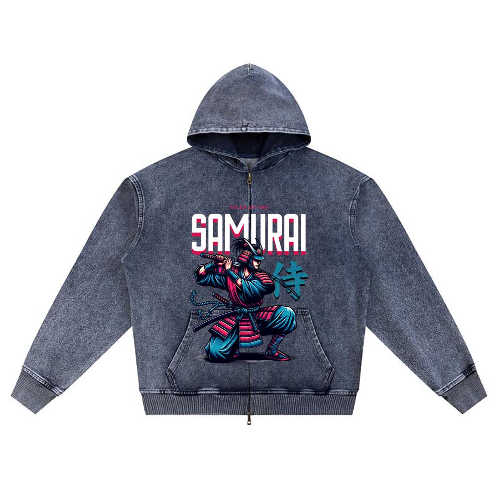 DTG print Knitted Denim Zip-Up Hoodie Japan Samurai Brother Print Zipper Hoodies  