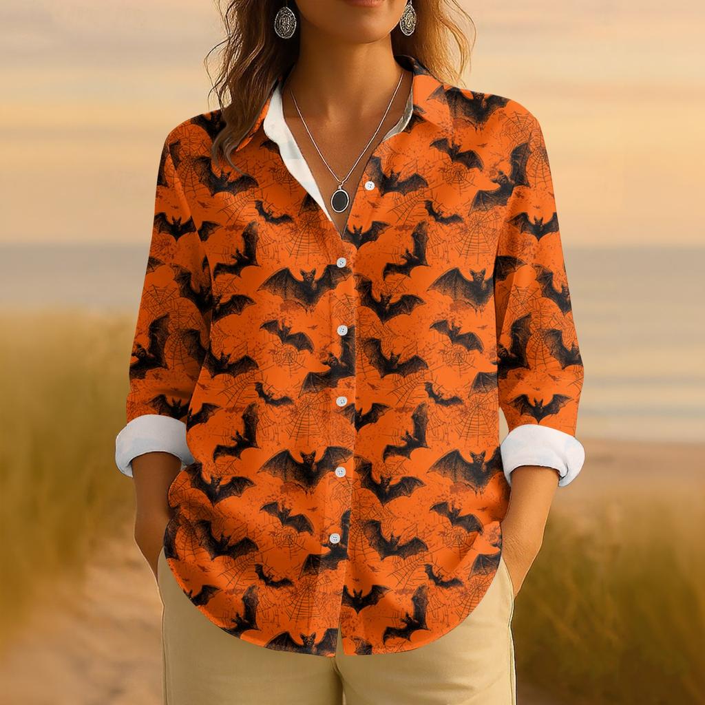 Cămașă Casual cu Mâneci Lungi cu Guler, pentru Femei, cu Nasturi, cu Imprimeu Retro de Halloween