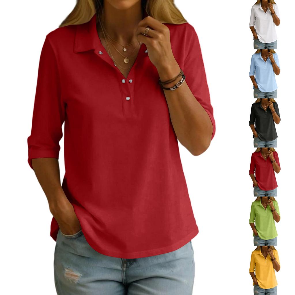 Women's Polo Shirt Half Button Down Collar Mid Sleeve Loose Fit Casual Top Suitable for Everyday Wear and Relaxed Style
